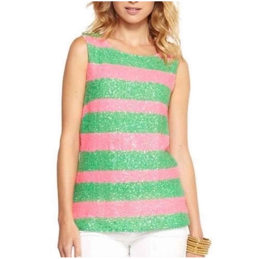 Lilly Pulitzer Pink Green Sequin Striped Regina Blouse Size S